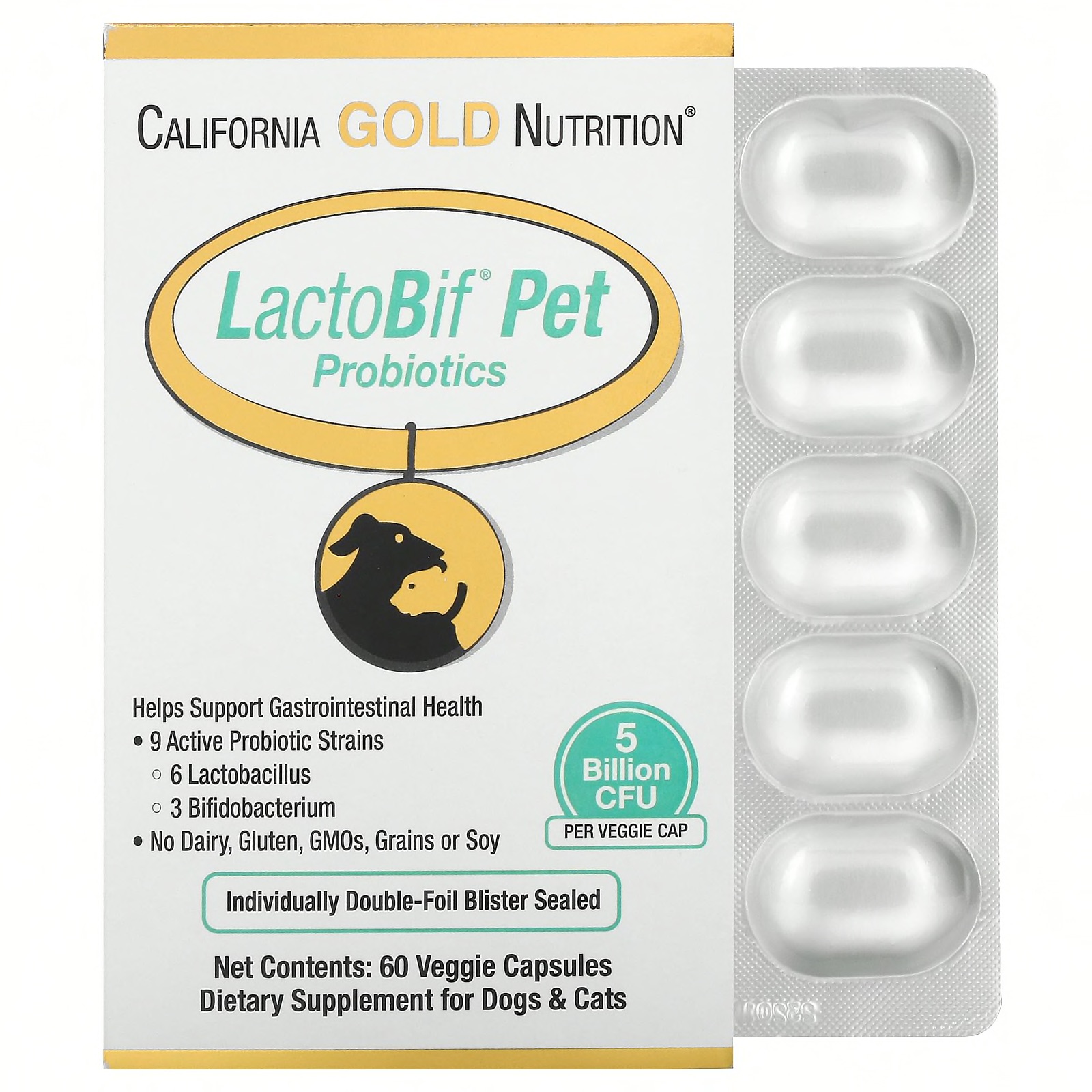 Капсулы California Gold Nutrition LactoBif Pet Probiotics, 5 Billion CFU, 60 шт.