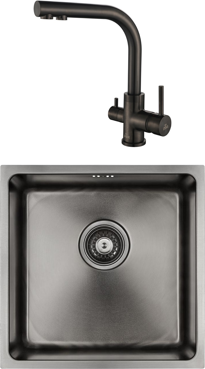 

Комплект Paulmark Lassan PM304444-GM вороненая сталь + Смеситель Paulmark Essen 213011-GM, Lassan PM304444-GM вороненая сталь + Смеситель Paulmark Essen 213011-GM для кухонной мойки, вороненая сталь