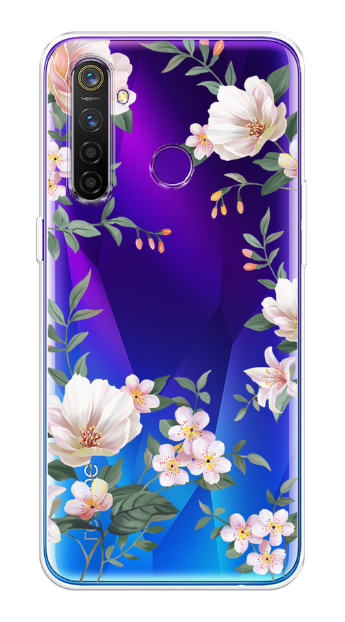 

Чехол на Realme 5 Pro "Beautiful white flowers", Бежевый;зеленый, 251650-1