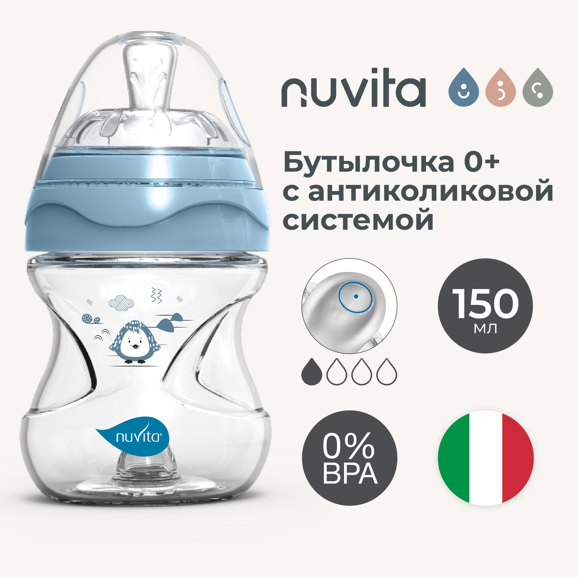 Бутылочка антиколиковая для новорожденных Nuvita Materno Feel пластик голубая 150 мл 1790₽