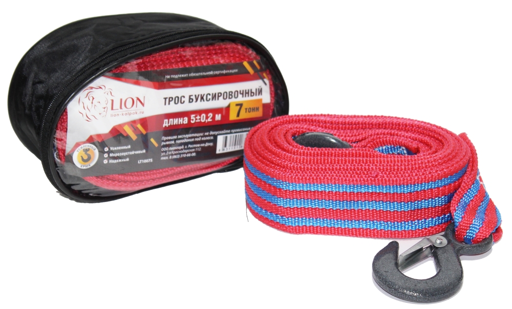 

Трос буксировочный LION LT1007S 7 т 5 м 2 крюка в сумке