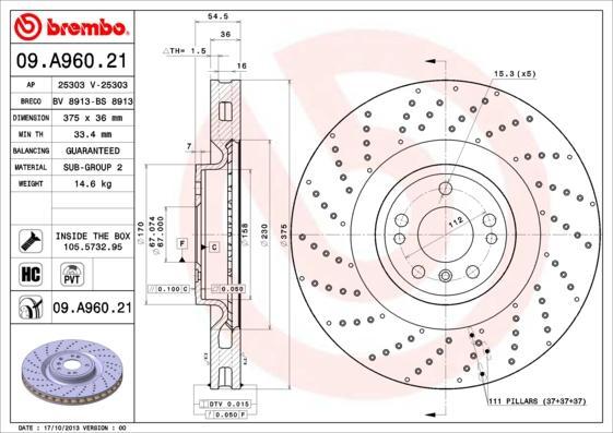 

Тормозной диск brembo 09A96021
