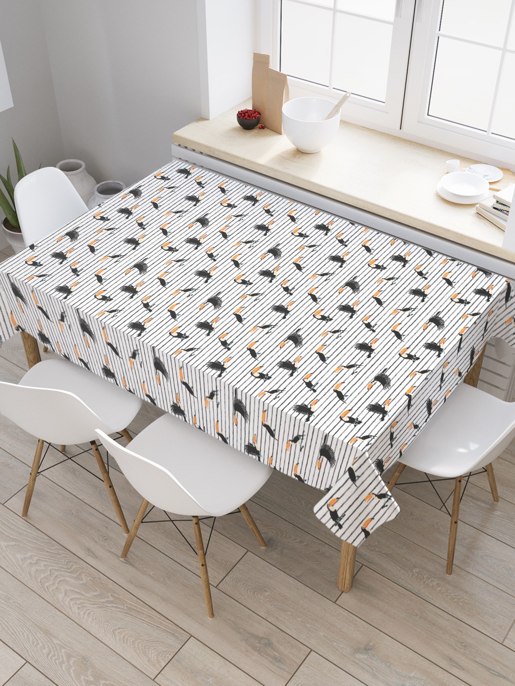 

Скатерть прямоугольная JoyArty "Стадо туканов" из оксфорда, 120x145 см, Белый, Стадо туканов