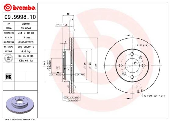 

Тормозной диск brembo 09999810