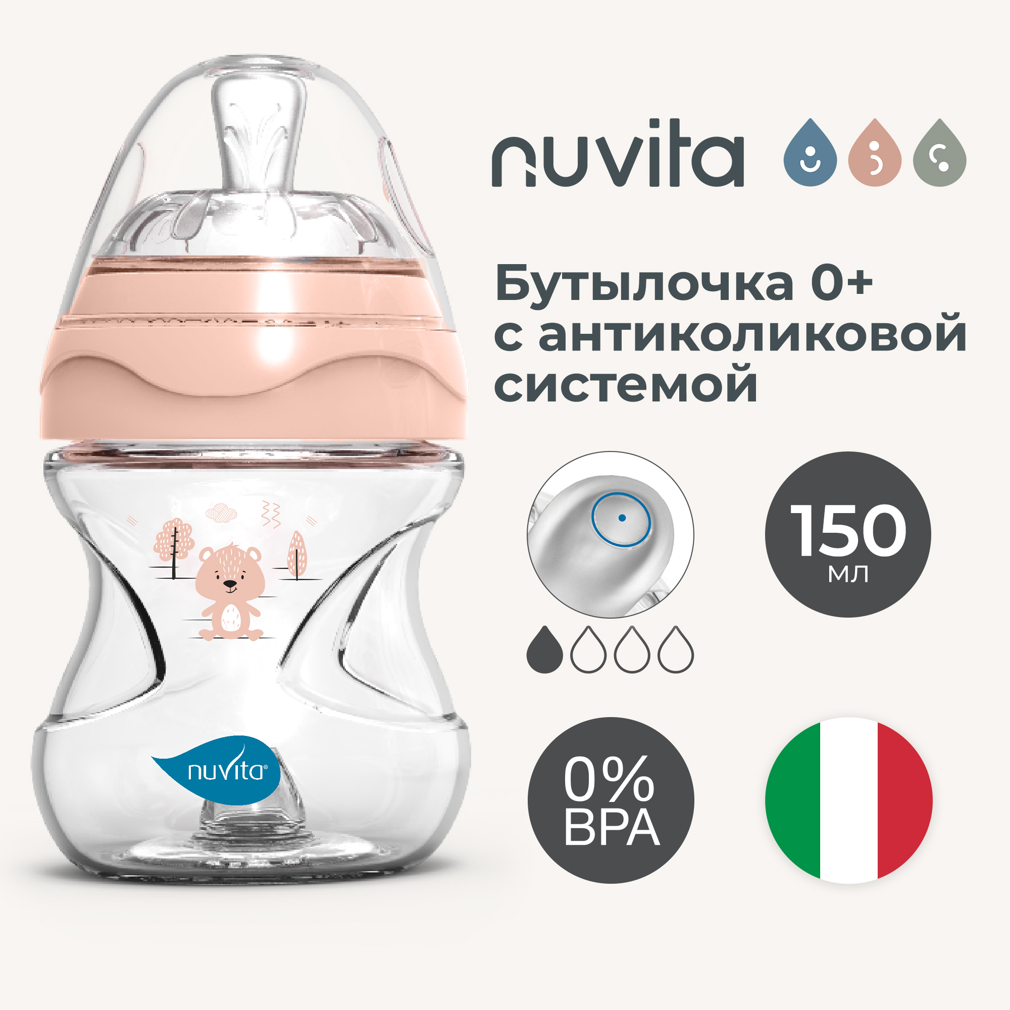 Бутылочка антиколиковая для новорожденных Nuvita Materno Feel пластик розовая 150 мл 1790₽