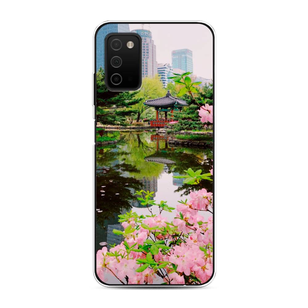 

Чехол на Samsung Galaxy A03s "Сакура возле озера", Зеленый;розовый;голубой, 2103250-2