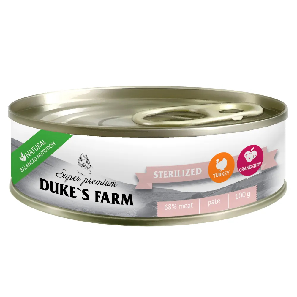 Консервы для кошек Duke's Farm Sterilized, индейка с клюквой и шпинатом, 100г