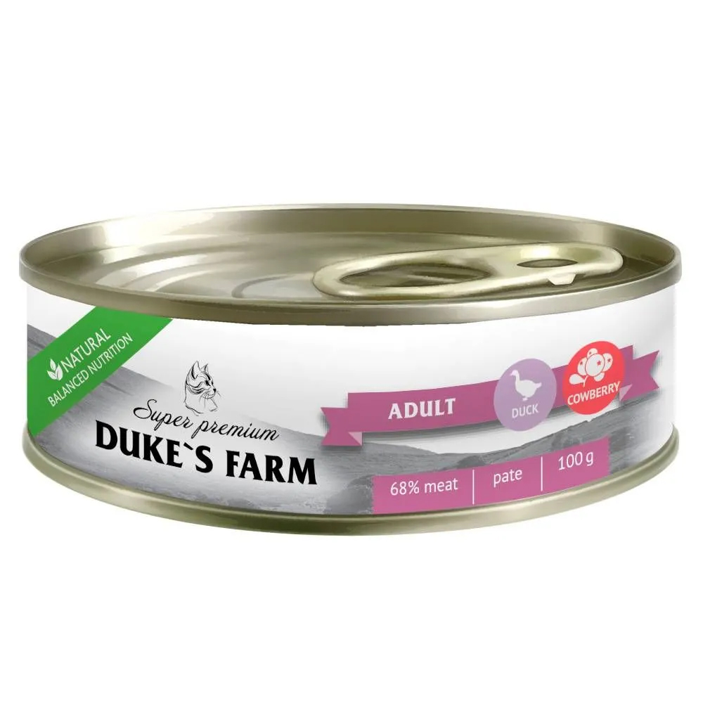Влажный корм для кошек Duke's Farm из утки с брусникой и шпинатом, 100 г