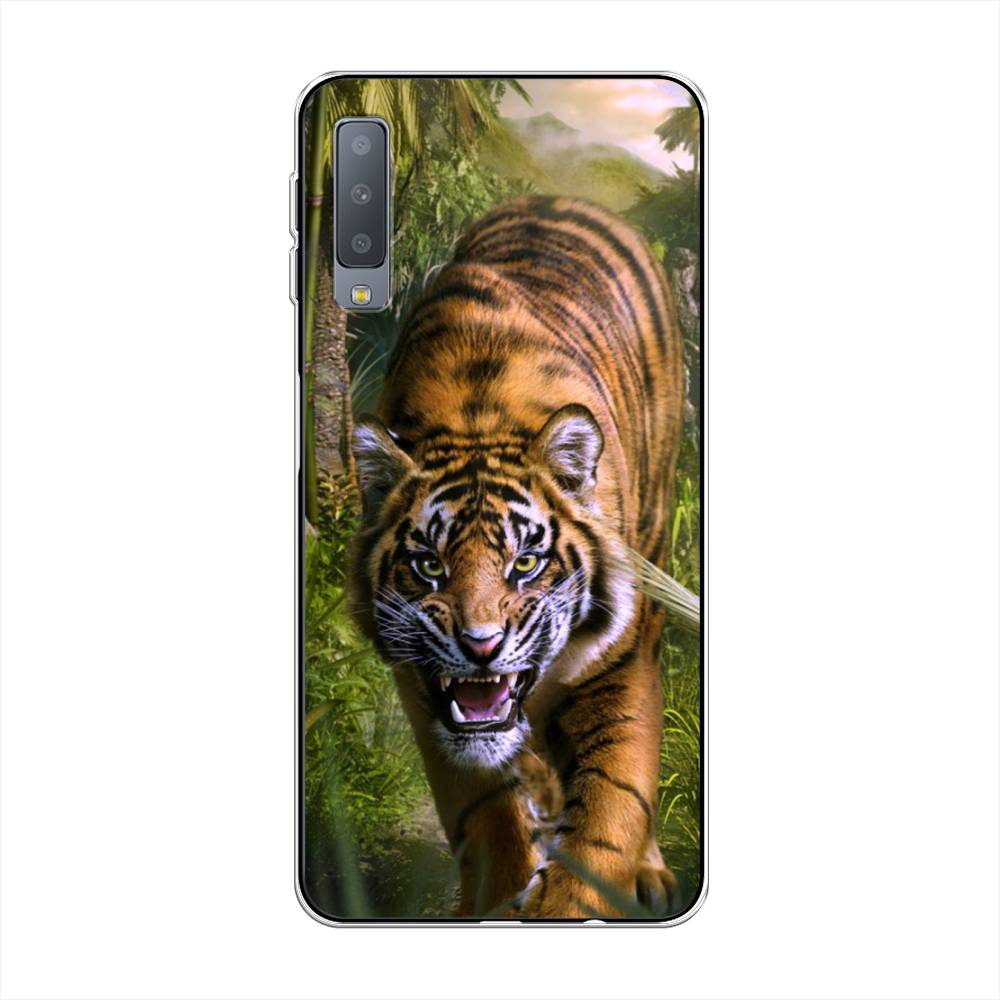 

Чехол на Samsung Galaxy A7 2018 "Тигр в джунглях 2", Оранжевый;зеленый, 26750-1