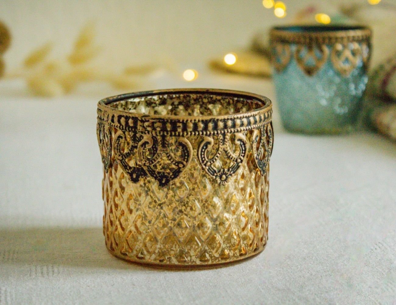 Подсвечник стакан под чайную свечу, стеклянный, прозрачный с золотом, 7 см, Goodwill