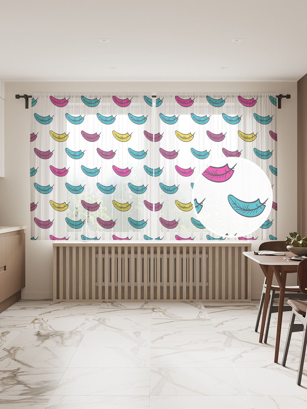 

Фототюль JoyArty "Разноцветные перья" 145x180см (2 полотна со шторной лентой + 50 крючков), Разноцветные перья