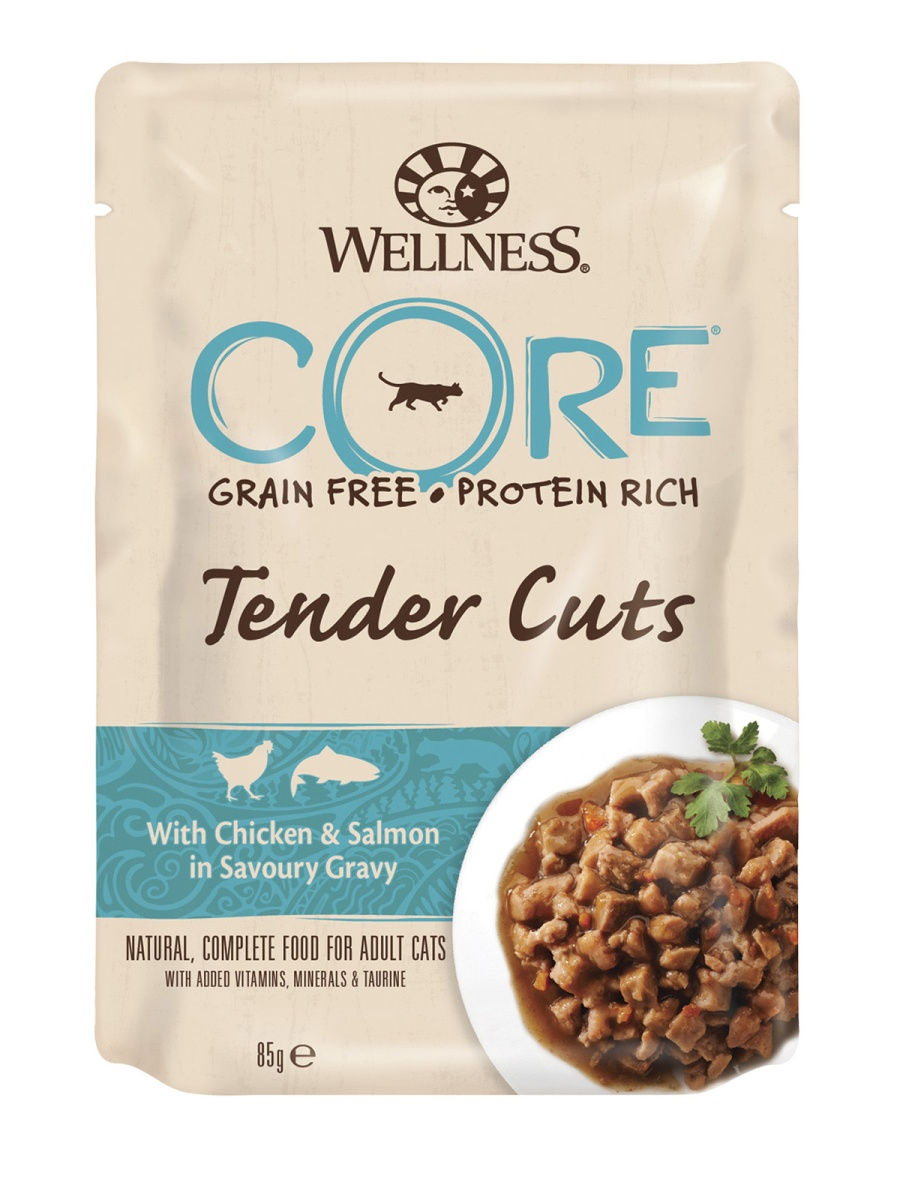 Влажный корм для кошек Wellness Core Tender Cuts курица и лосось, 24шт по 85г
