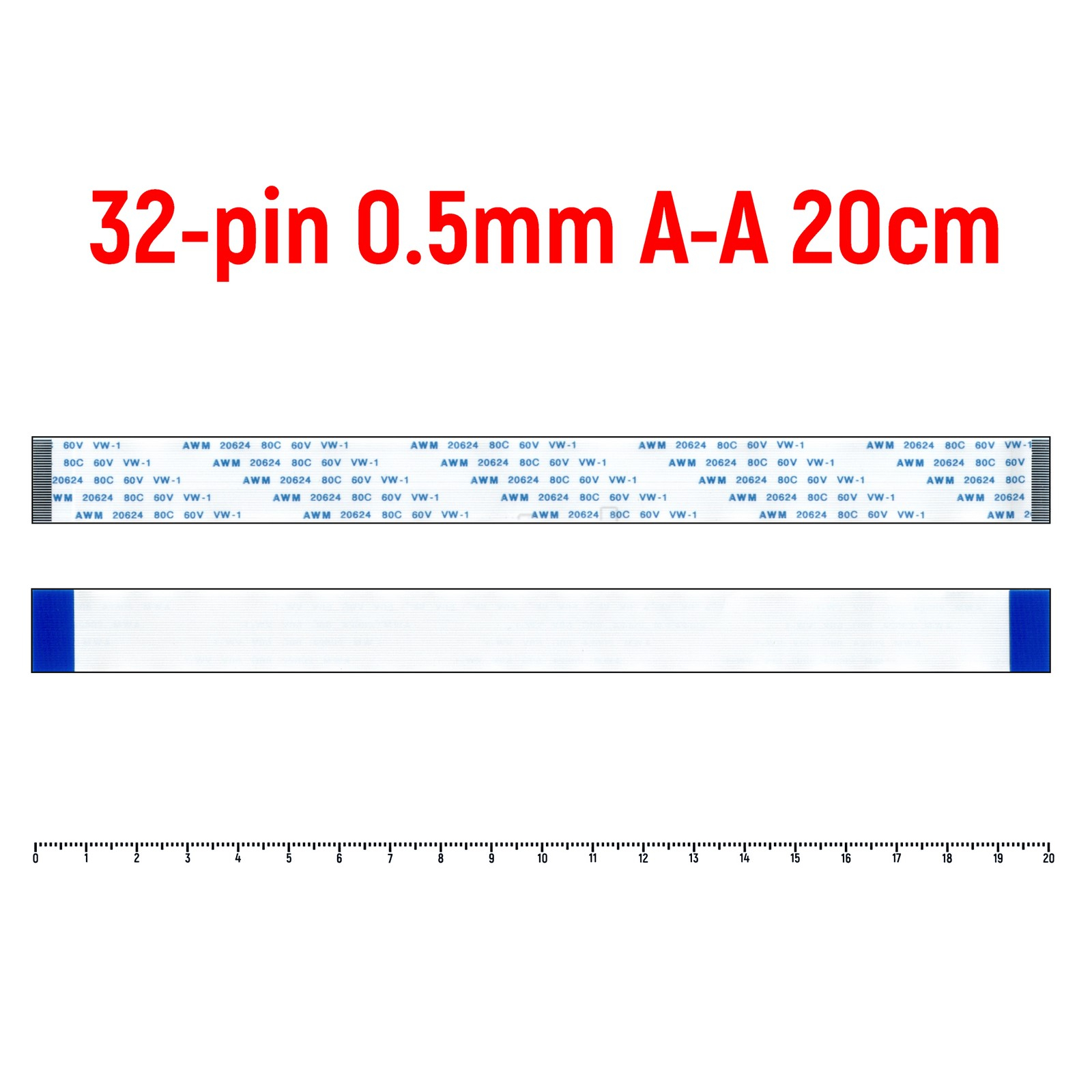 

Шлейф FFC 32-pin Шаг 0.5mm Длина 20cm Прямой A-A AWM 20624 80C 60V VW-1