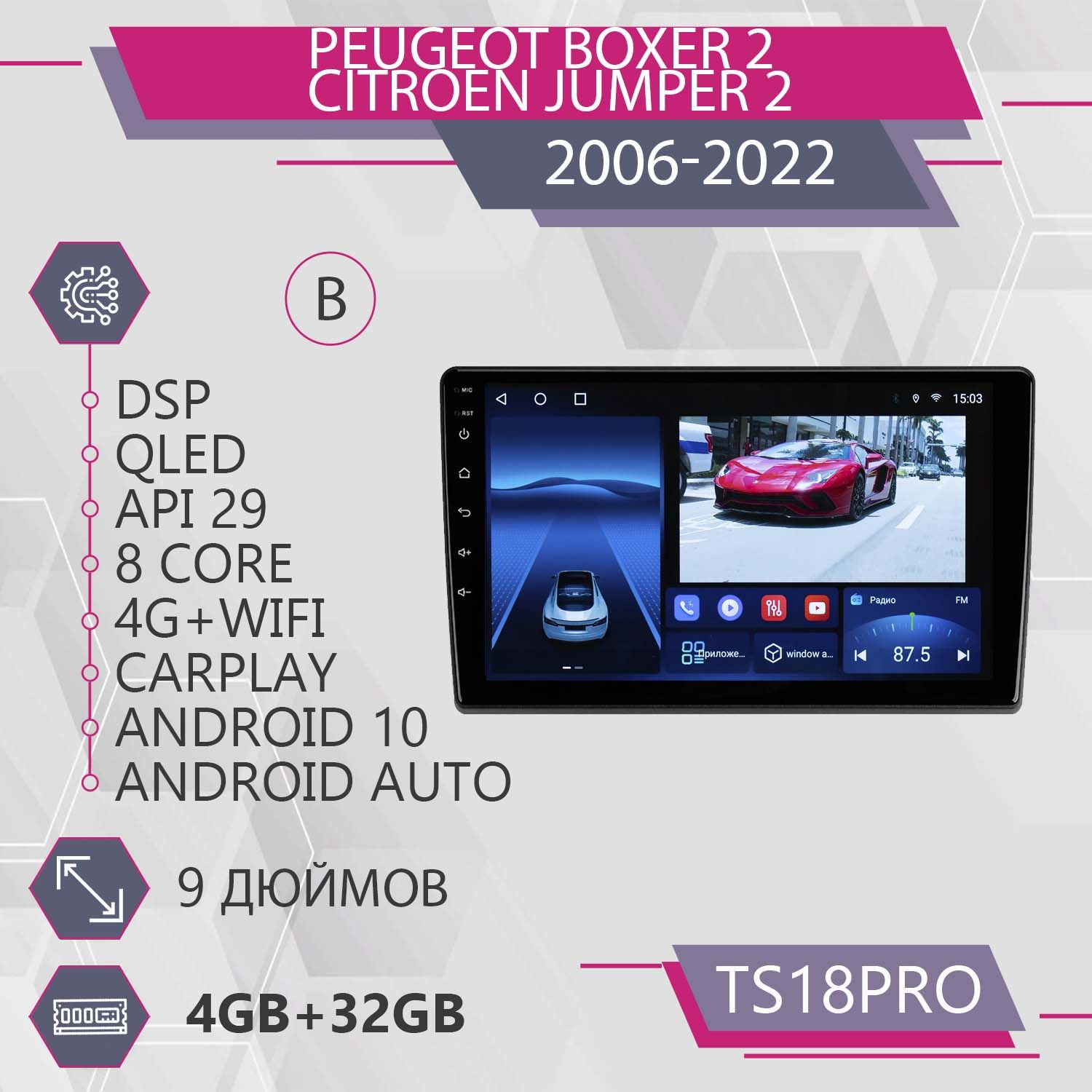 Магнитола Точка Звука TS18Pro для Peugeot Boxer 2 Citroen Jumper 2 Комплект В 432GB 1999900₽