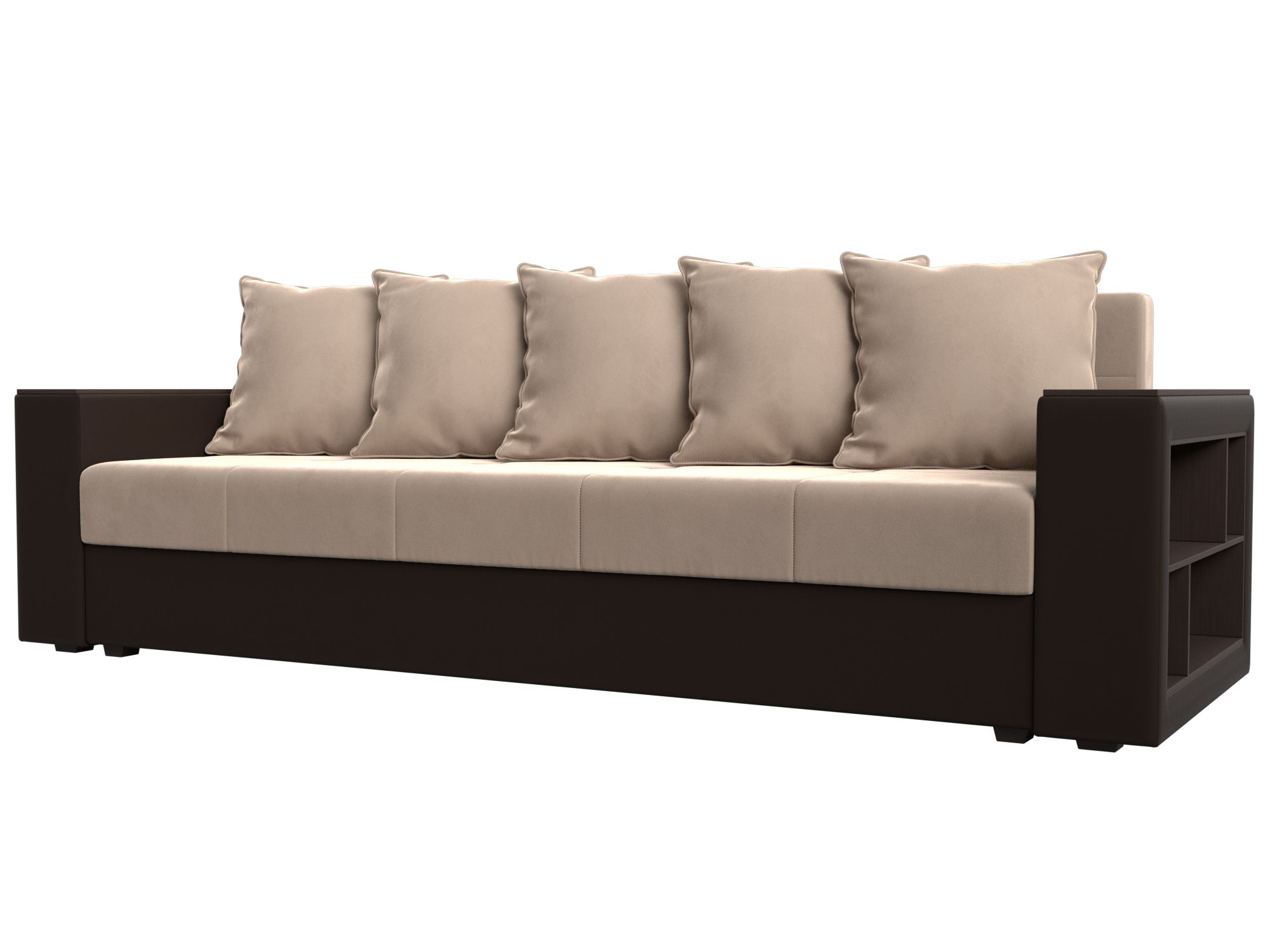 

Диван прямой Дубай Лайт полки справа велюр/экокожа бежевый/коричнвеый, Диван прямой Дубай Лайт полки справа