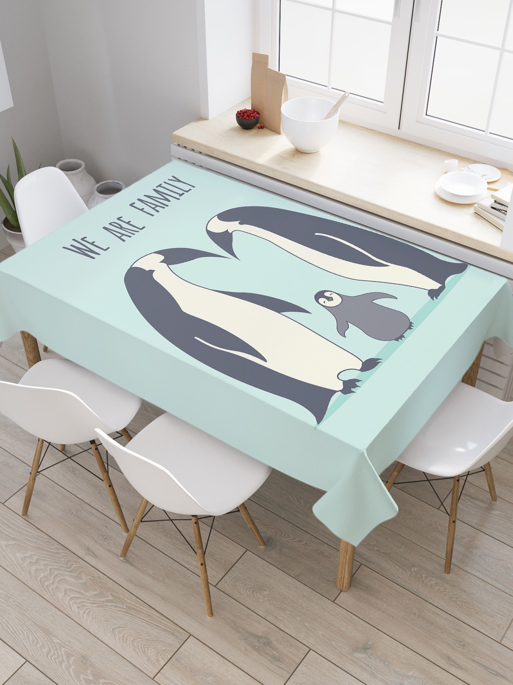 

Скатерть прямоугольная JoyArty "Семья пингвинов" из оксфорда, 120x145 см, Голубой, Семья пингвинов