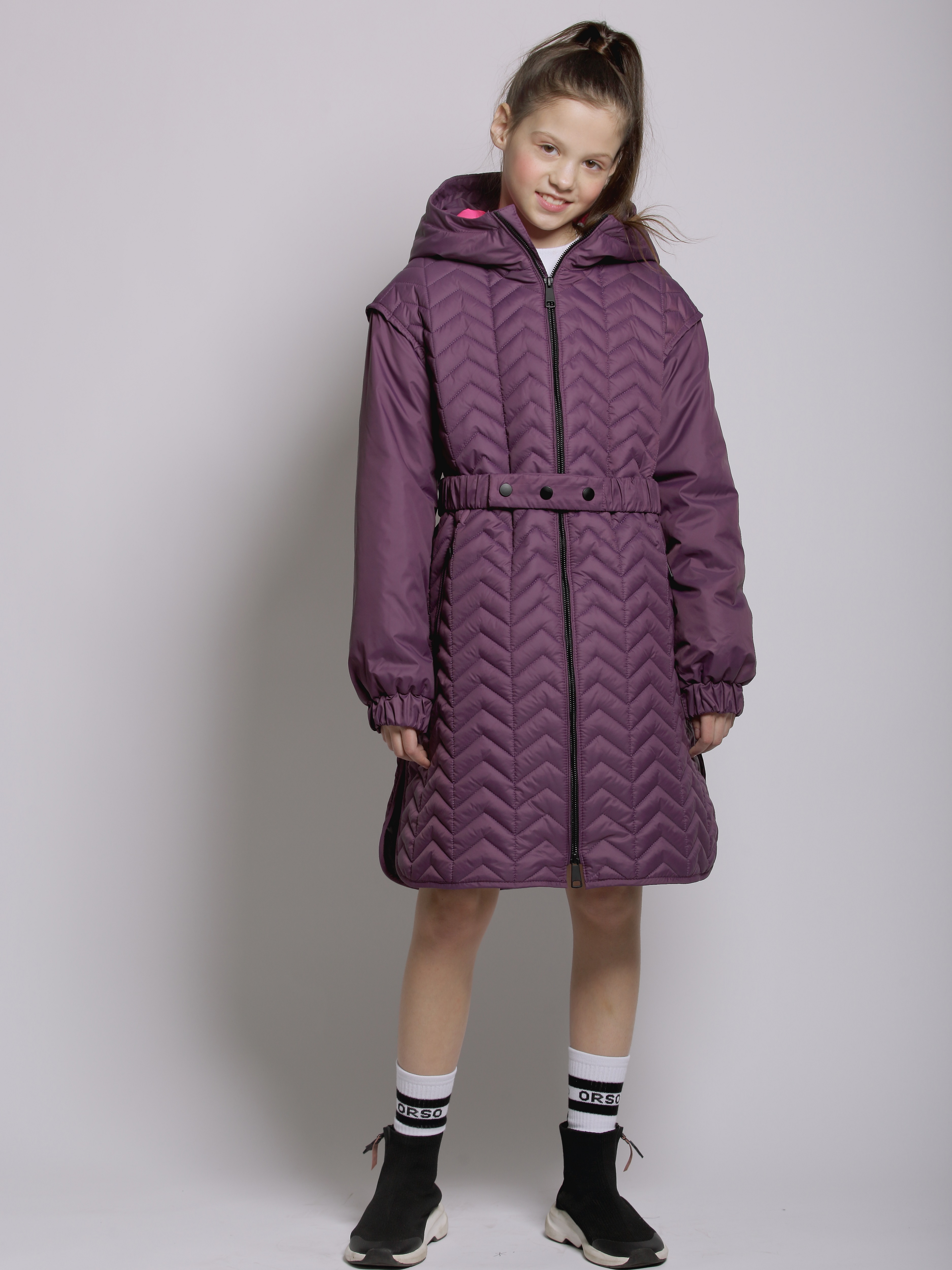 Пальто детское Orso Bianco Мелисса, темно-фиолетовый, ярко-розовый, 122