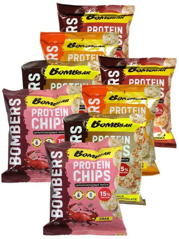 

Bombbar Чипсы протеиновые Ассорти, 8x50г (Бекон, Сыр, Краб, Шоколад), Protein chips