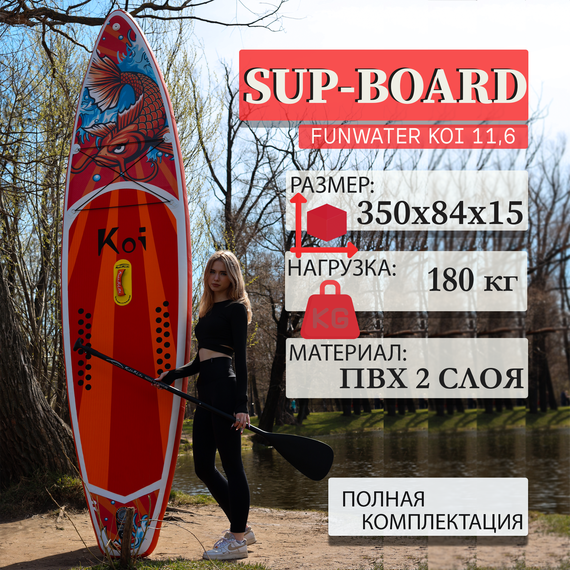 SUP-борд FunWater KOI 11'6 350х84х15 см, до 180 кг, в комплекте