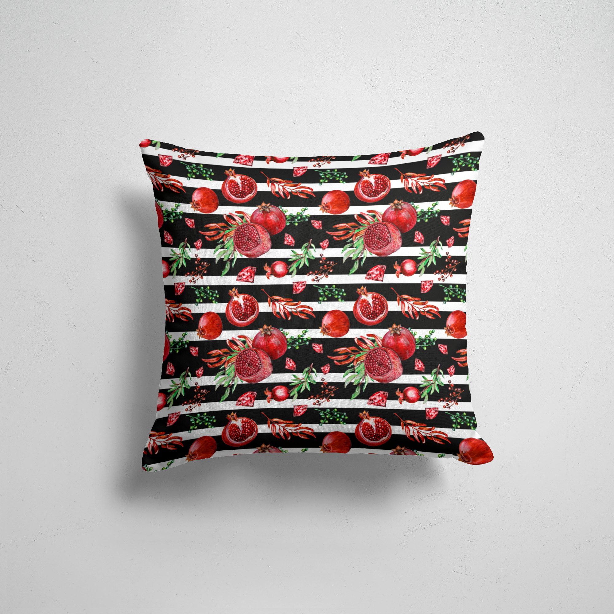 

Подушка декоративная 45х45см Популярные Фрукты и ягоды Гранаты рубины на фоне полос, Разноцветный