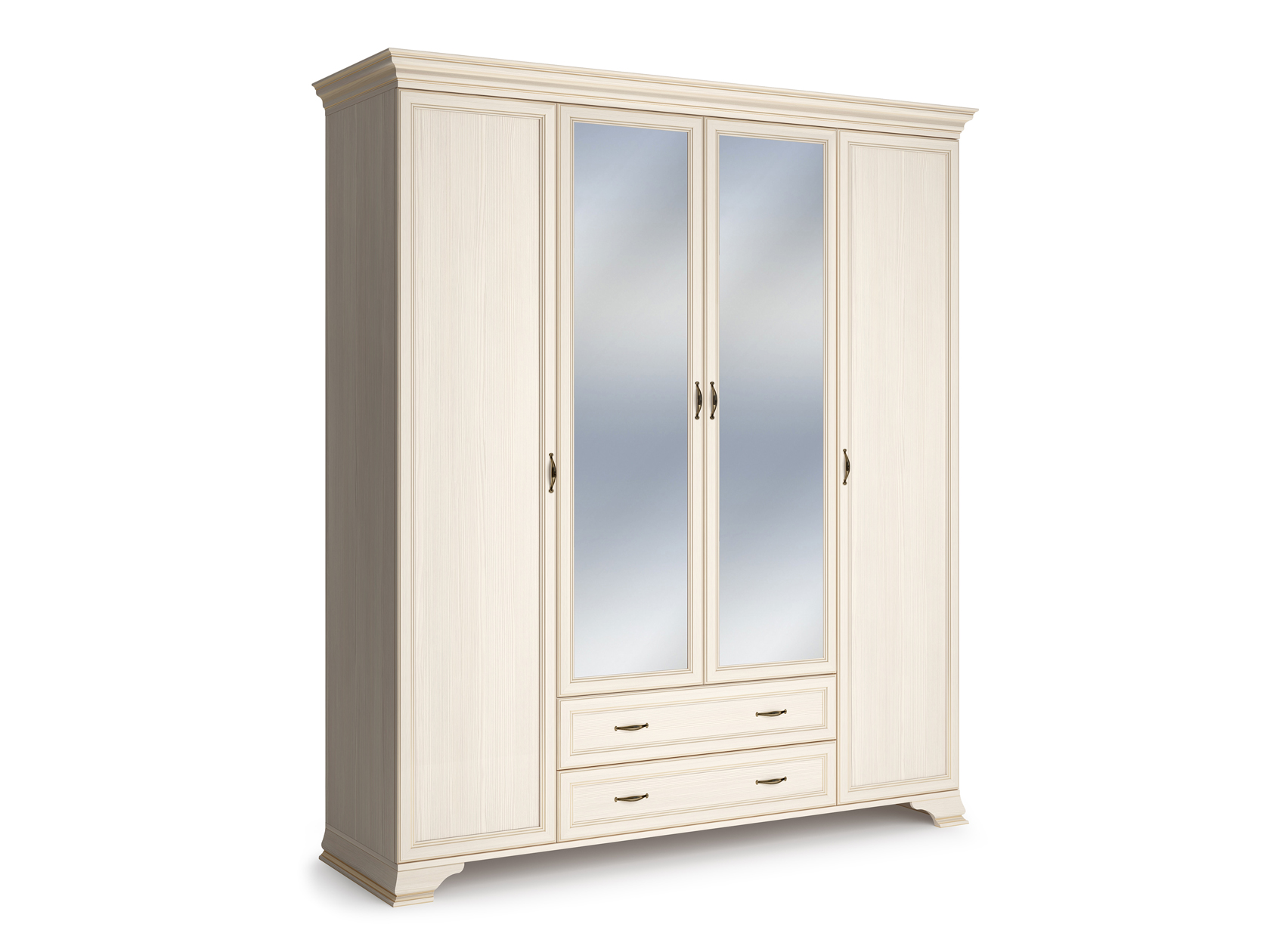 фото Распашной шкаф 4-х дверный сиена бодега белый, патина золото, с двумя зеркалами кураж