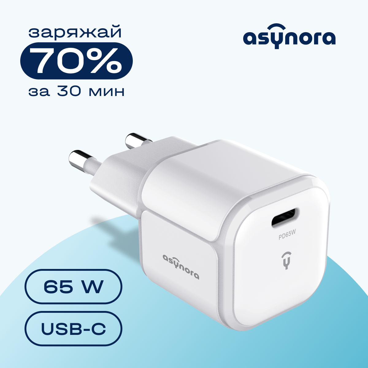 Сетевое зарядное устройство Asynora GAN PD 65 type-c 1xUSB Type-C 3 А белый 2690₽