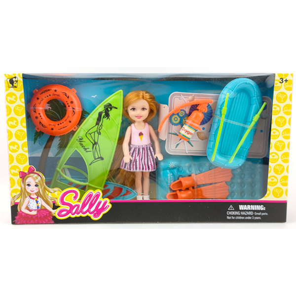 Набор Пляж кукла, доска для сёрфа, лодка, матрас, круг, ласты арт. 7735-C2