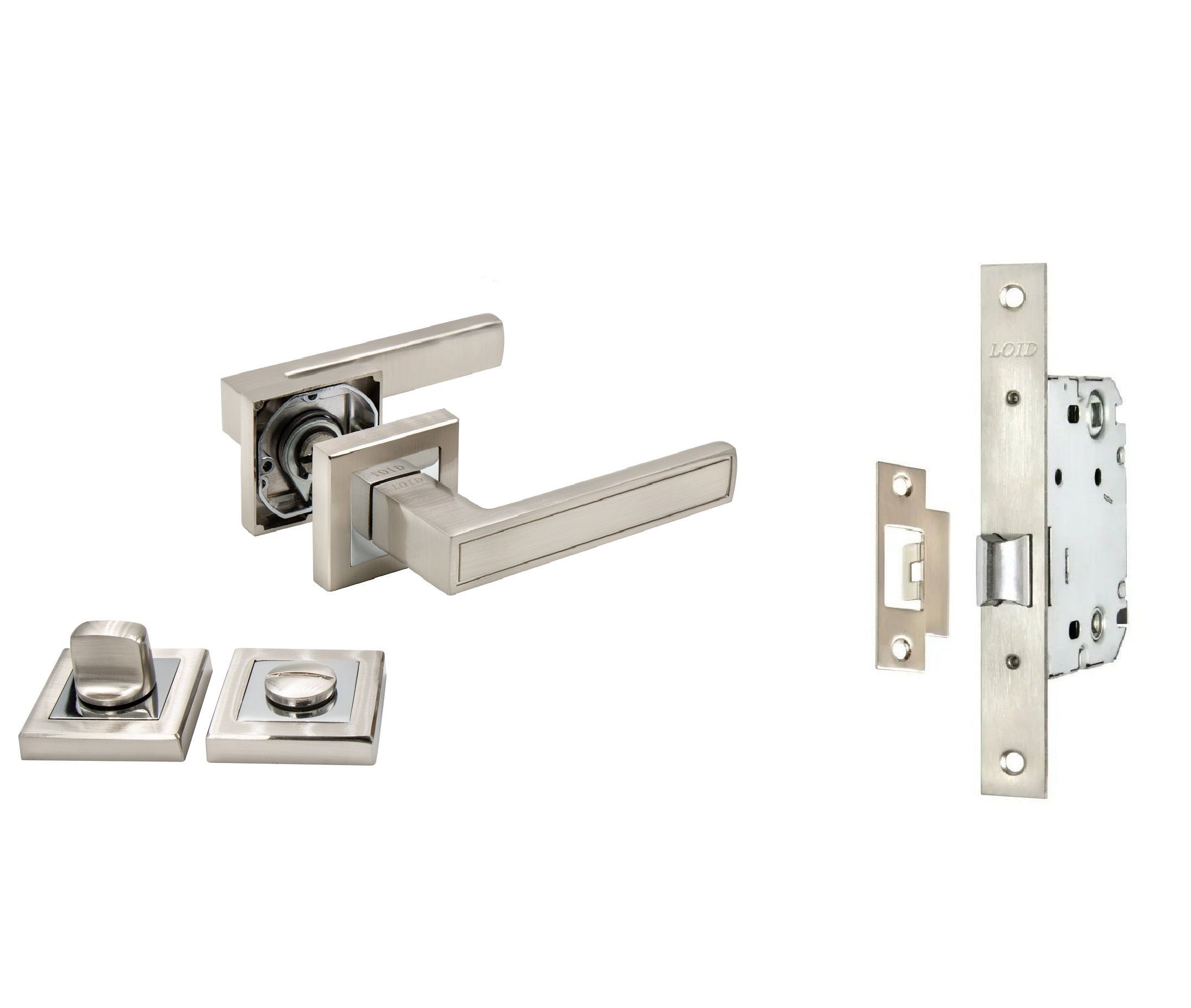 

Ручки дверные Loid 330 SN + замок M-2055 B SN + завертка SN/CP матовый хром, Серебристый, Loid 330 SN + замок M-2055 B SN + завертка квадратная SN/CP матовый хром
