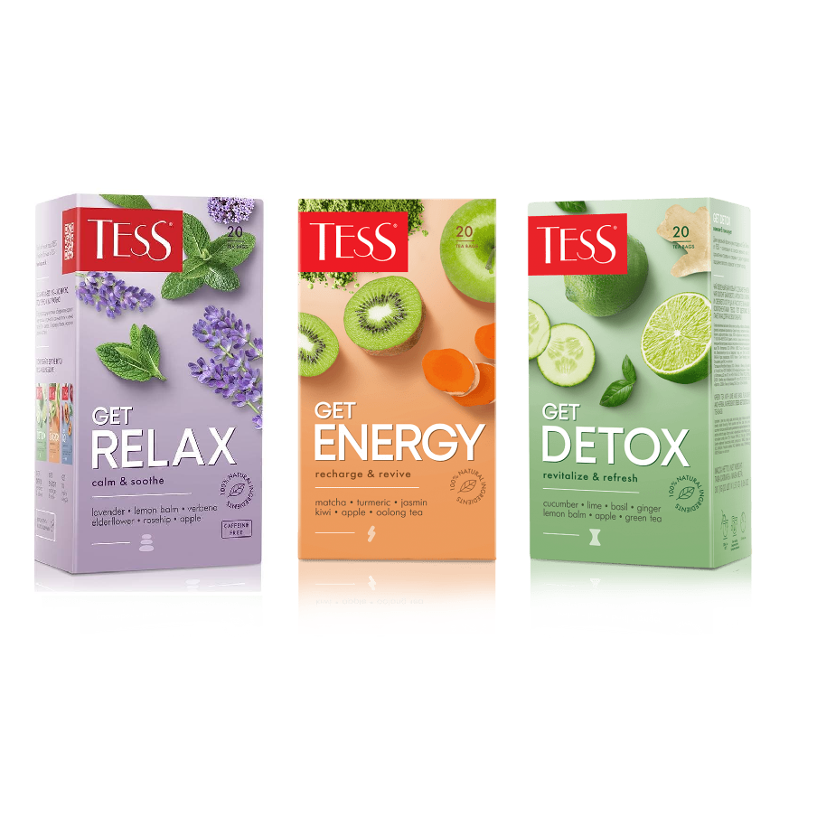 

Чай Tess GET МИКС (Relax, Energy, Detox, IQ) в пакетиках, 3 шт по 20 пак.