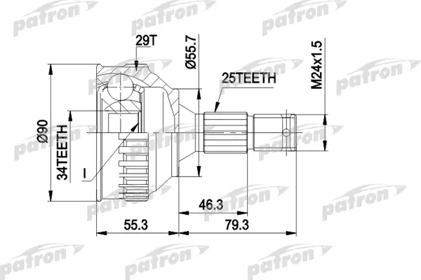 

ШРУС наруж 25x55.7x34 ABS:29T PEUGEOT 406 95 - 04 PATRON PCV1282