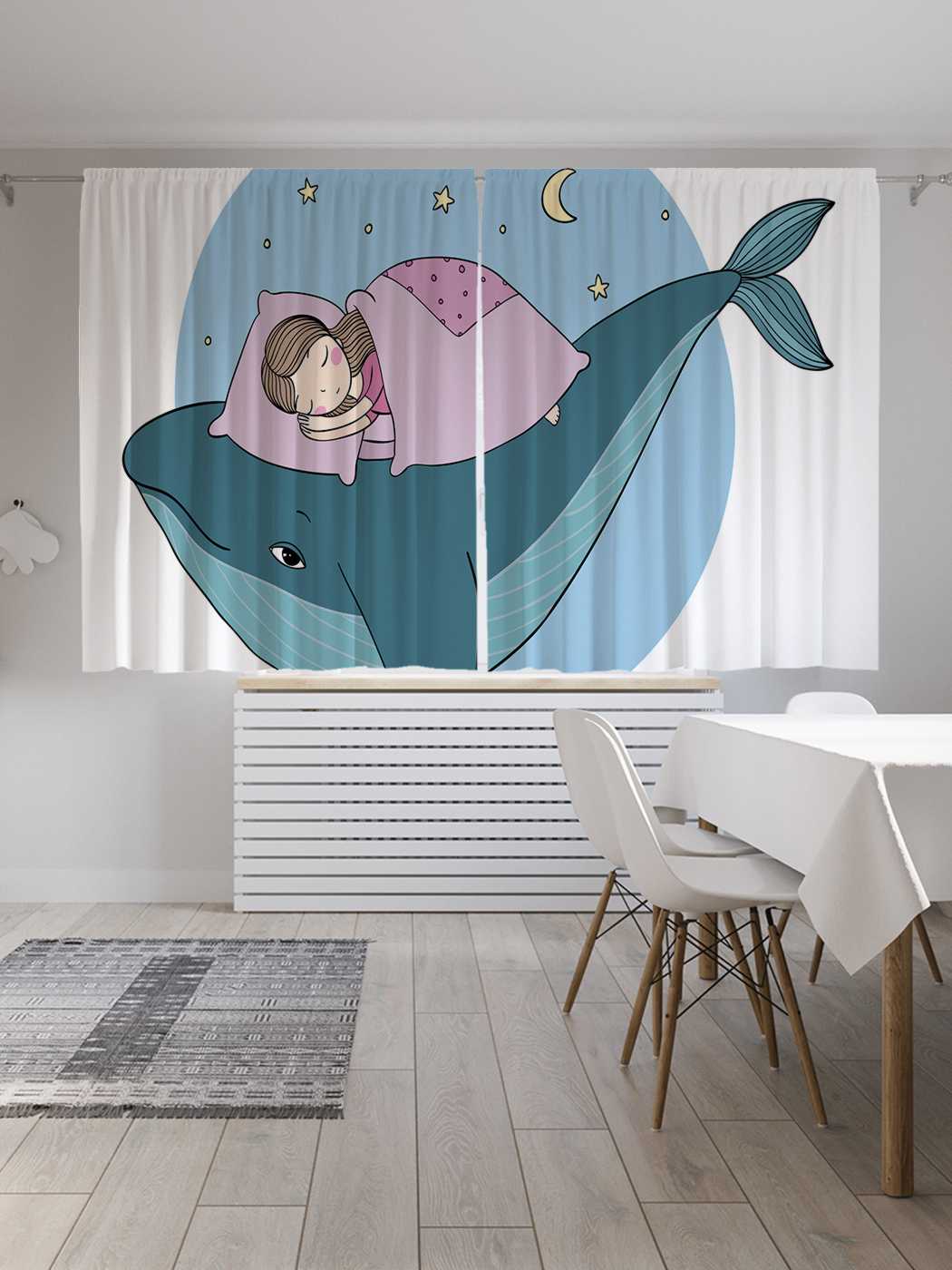 

Шторы JoyArty c фотопечатью "Девочка с китом" из сатена, 290х180 см, Девочка с китом