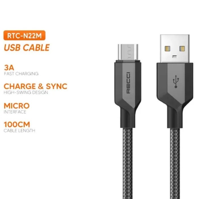 Кабель для зарядки телефона Recci RTC-N22M Giant USB to Micro-USB 2.4A, 1 метр - Черный