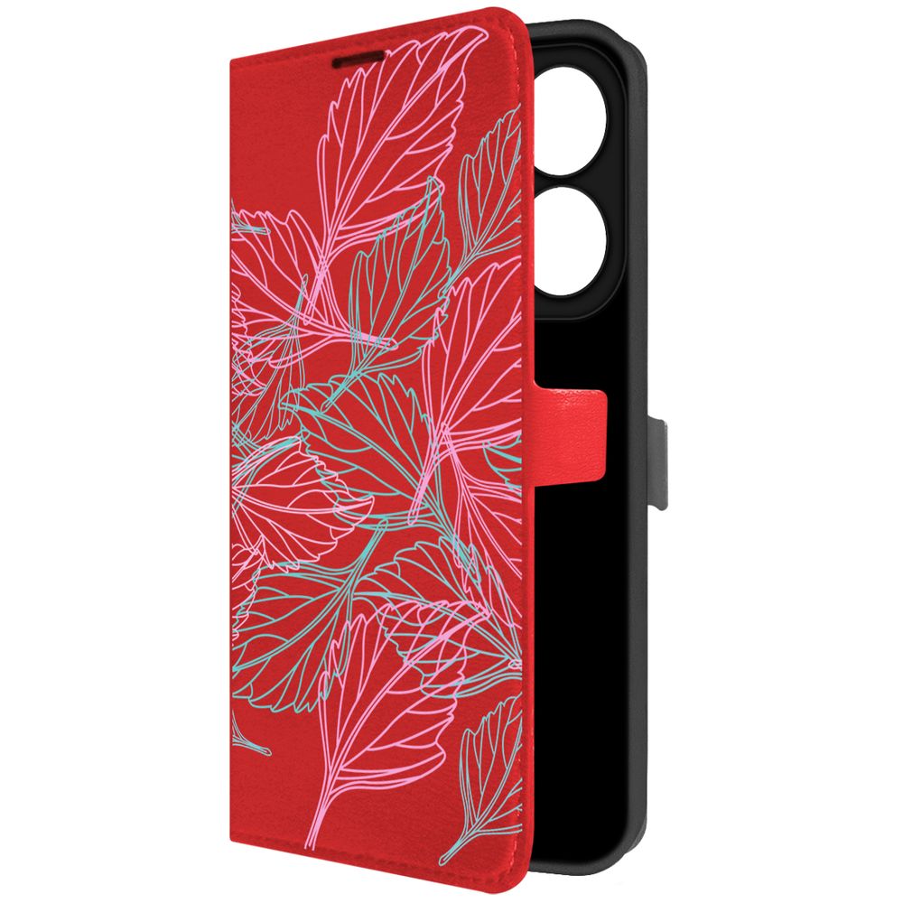 

Чехол-книжка Krutoff Eco Book для INFINIX Hot 40i Листья паттерн (красный)