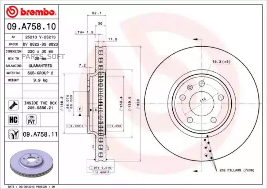 

Тормозной диск brembo передний 320x30 мм 5 отверстий 09.A758.11