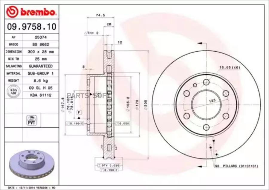 

Тормозной диск brembo передний 300x28 мм 6 отверстий 09.9758.10