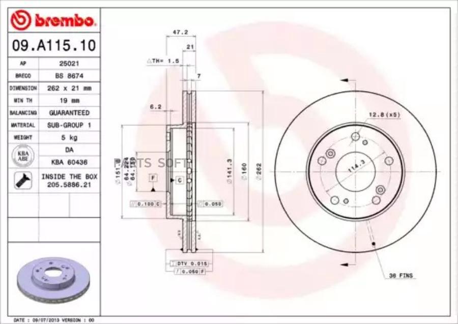 

Тормозной диск brembo передний 262x21 мм 5 отверстий 09.A115.10