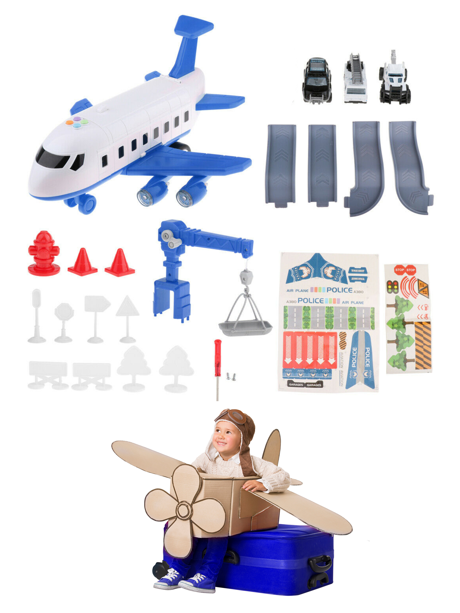 Интерактивная детская игрушка Wellinger Kids полицейская база самолёта с машинками синий