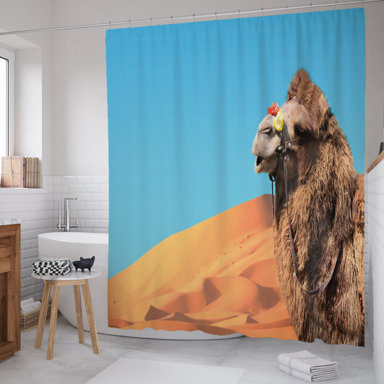 

Штора для ванной JoyArty "Верблюд среди бархан" из сатена, 180х200 см с крючками, Голубой, Верблюд среди бархан