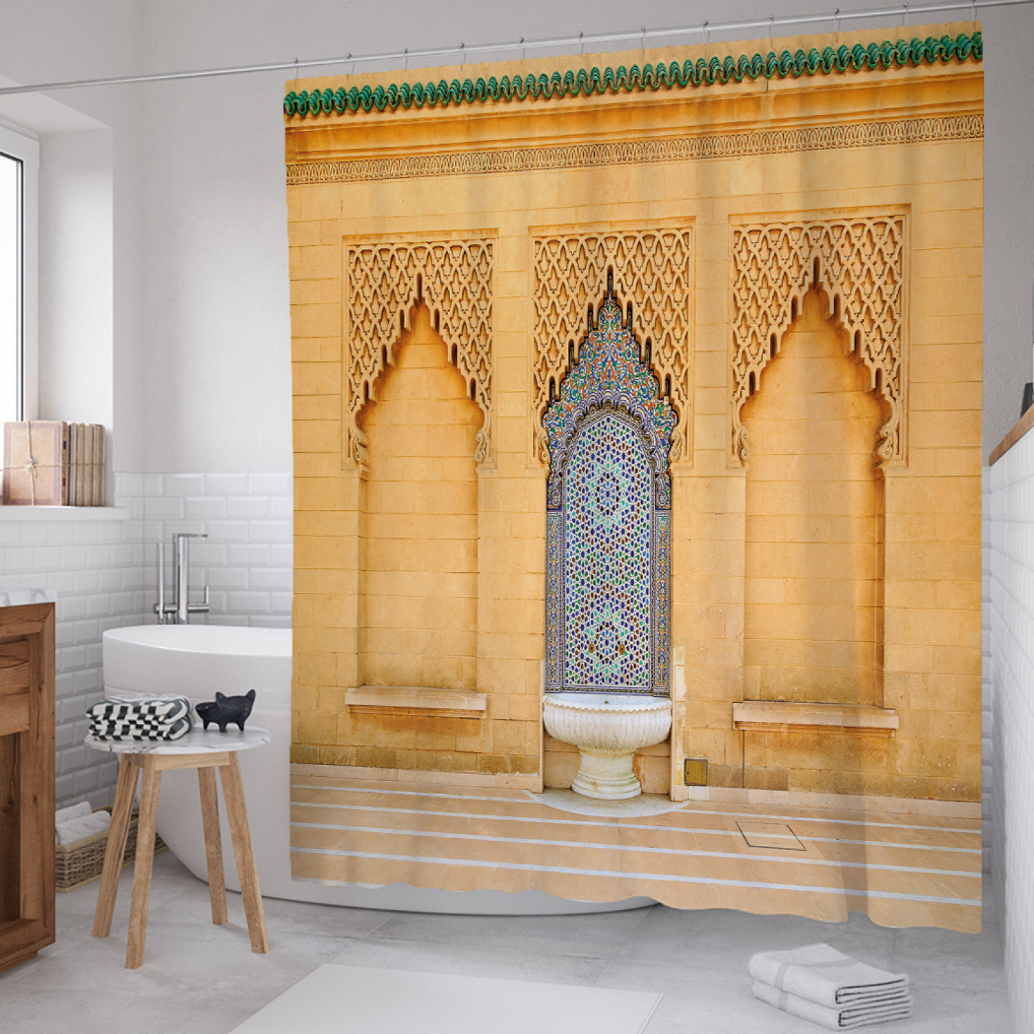 

Штора для ванной JoyArty "Марокканский фонтан" из сатена, 180х200 см с крючками, Оранжевый, Марокканский фонтан