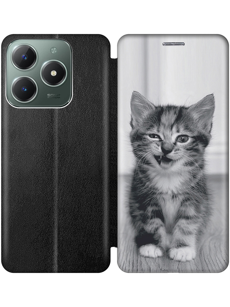 

Чехол-книжка на Realme C61 / C63 с принтом "Котенок с ухмылкой" черный, Черный;белый;серый, 785979611