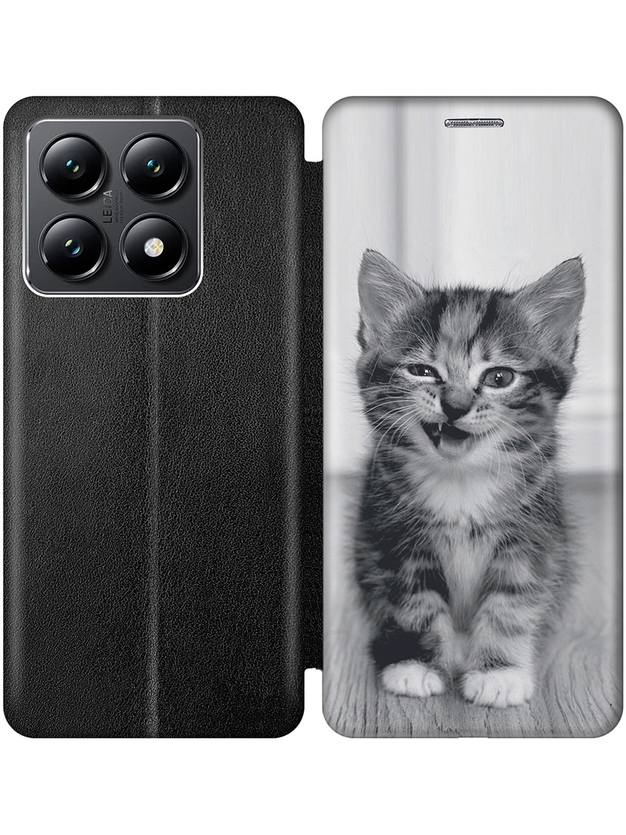 

Чехол-книжка на Xiaomi 14T с принтом "Котенок с ухмылкой" черный, Черный;белый;серый, 785978411
