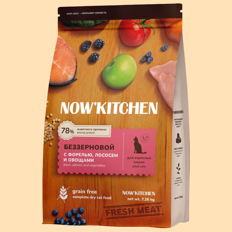 Сухой корм для кошек NOW'KITCHEN беззерновой, форель, лосось, овощи, 7,26 кг