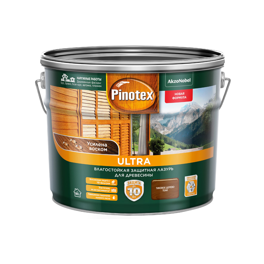 Защитная лазурь Pinotex Ultra влагостойкая для древесины тик 9 л