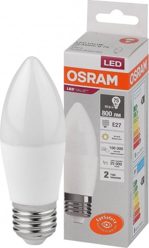 фото Лампа led свеча osram lv clb 75 10w e27 3000k 800lm мат 116х39 , 10 шт.