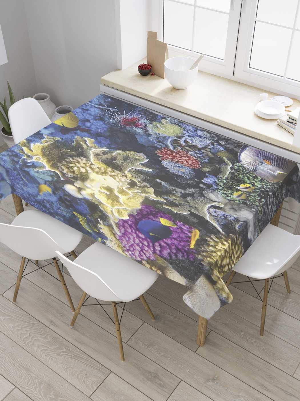 

Скатерть прямоугольная JoyArty "Тайны морского дна" из оксфорда, 180x145 см, Синий, Тайны морского дна