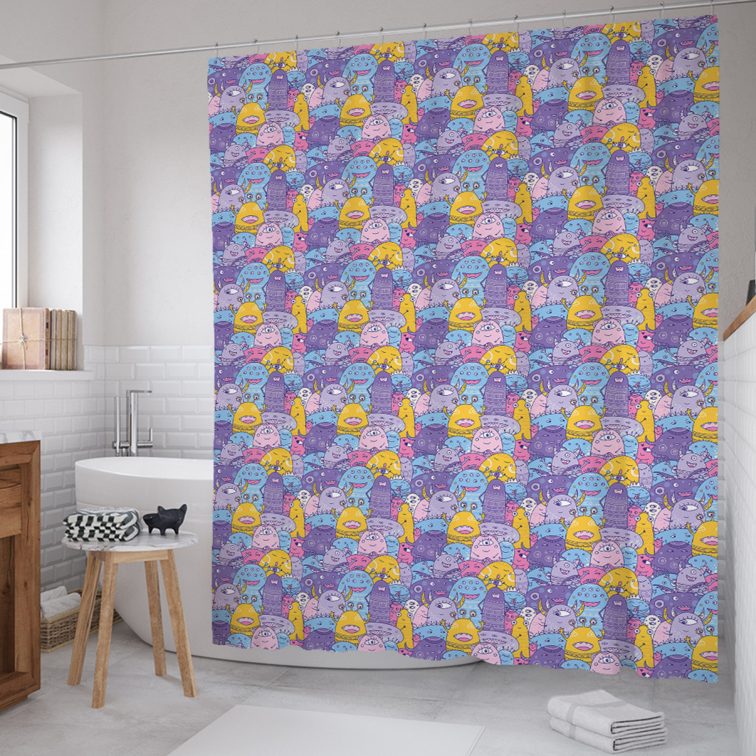 

Штора для ванной JoyArty "Счастливые монстры" из сатена, 180х200 см с крючками, Фиолетовый, Счастливые монстры