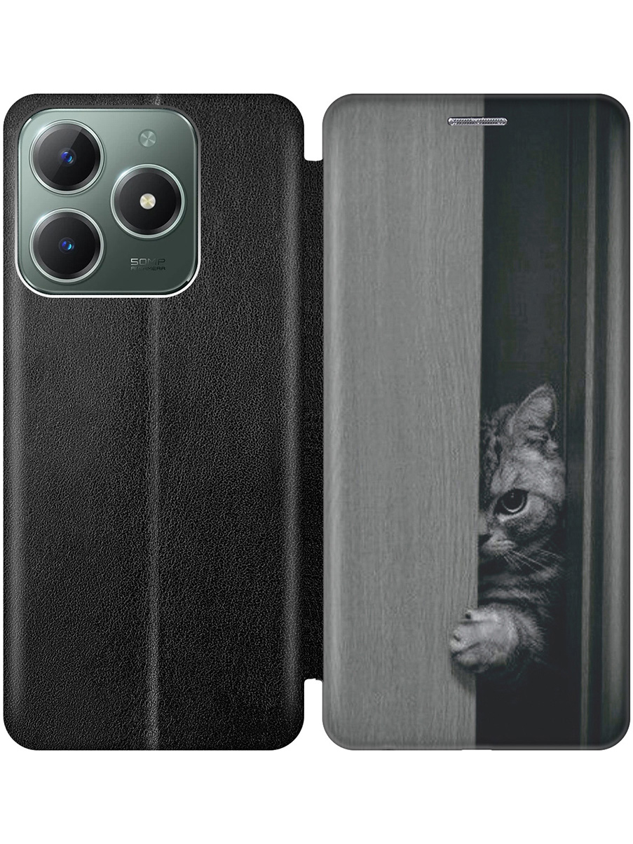 

Чехол-книжка на Realme C61 / C63 с принтом "Подглядывающий котик" черный, Черный;белый;серый, 785979612