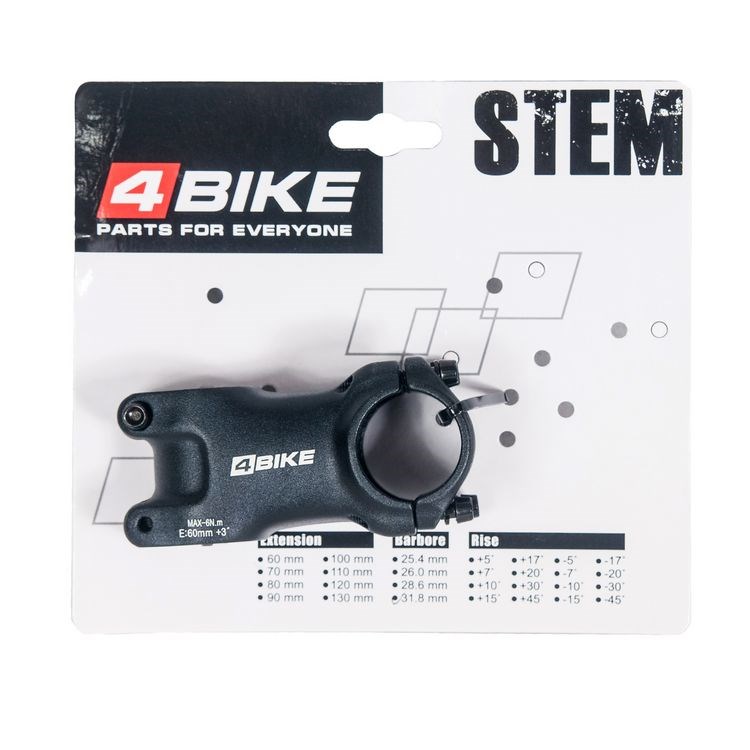

Вынос руля "4BIKE", алюминиевый, TDS-D601, L:60, R:+3, D:31.8мм, чёрный, Черный