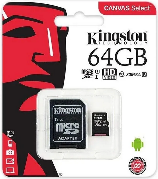 Карта памяти MicroSD 64 Гб с адаптером, черный