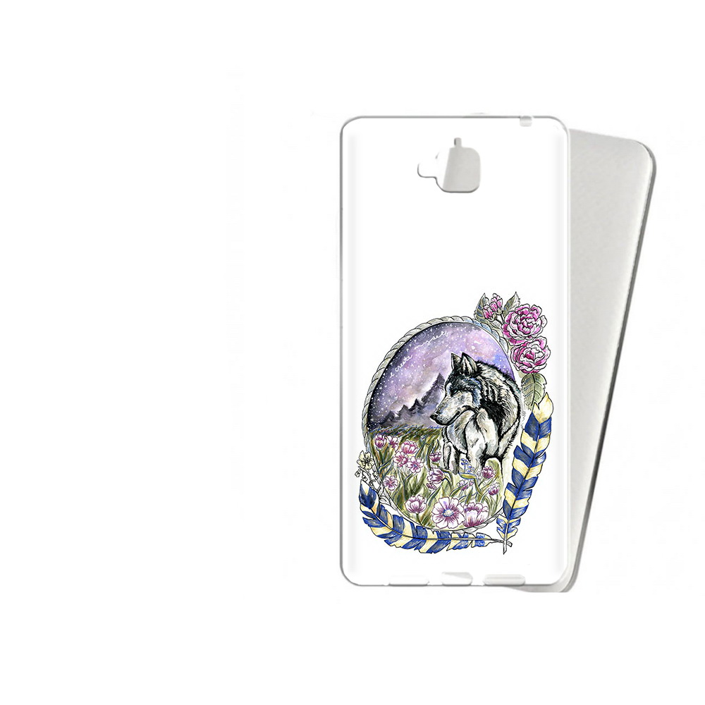 

Чехол MyPads Tocco для Huawei Enjoy 5 нарисованный волк в цветах с перьями, Прозрачный, Tocco